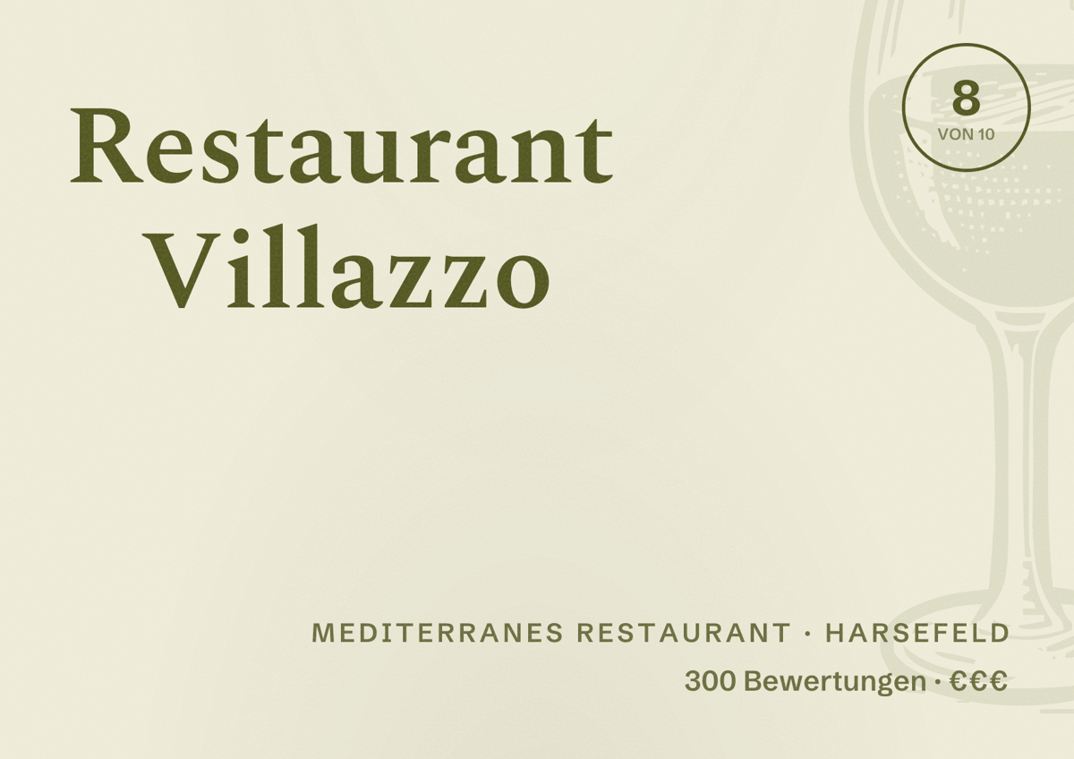 Illustriertes Poster von Restaurant Villazzo, Mediterranes Restaurant in Harsefeld: Bewertung 8 von 10 aus 300 Bewertungen, Preisniveau €€€