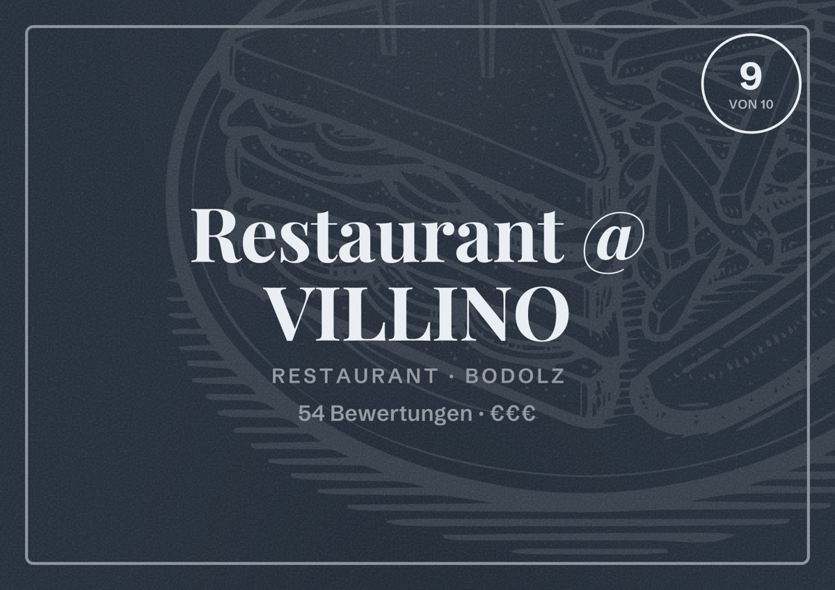 Illustriertes Poster von Restaurant @ VILLINO, Restaurant in Bodolz: Bewertung 9 von 10 aus 54 Bewertungen, Preisniveau €€€