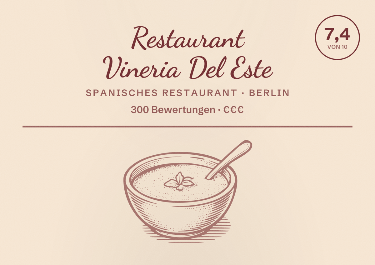 Illustriertes Poster von Restaurant Vineria Del Este, Spanisches Restaurant in Berlin: Bewertung 7,4 von 10 aus 300 Bewertungen, Preisniveau €€€