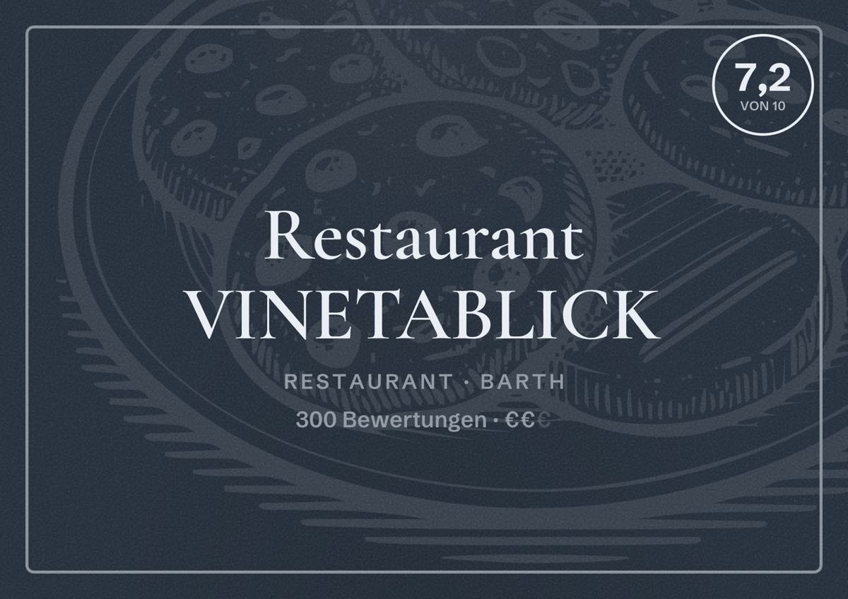 Illustriertes Poster von Restaurant VINETABLICK, Restaurant in Barth: Bewertung 7,2 von 10 aus 300 Bewertungen, Preisniveau €€