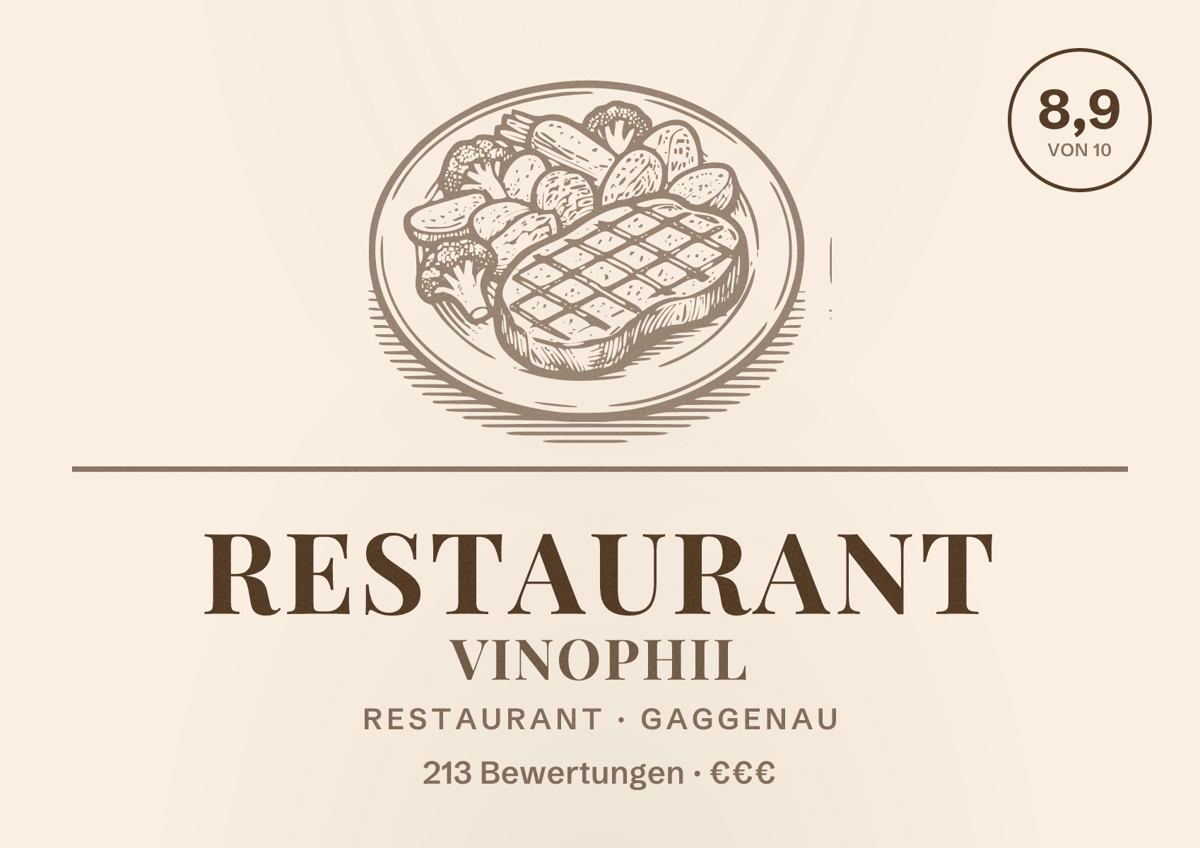 Illustriertes Poster von Restaurant Vinophil, Restaurant in Gaggenau: Bewertung 8,9 von 10 aus 213 Bewertungen, Preisniveau €€€