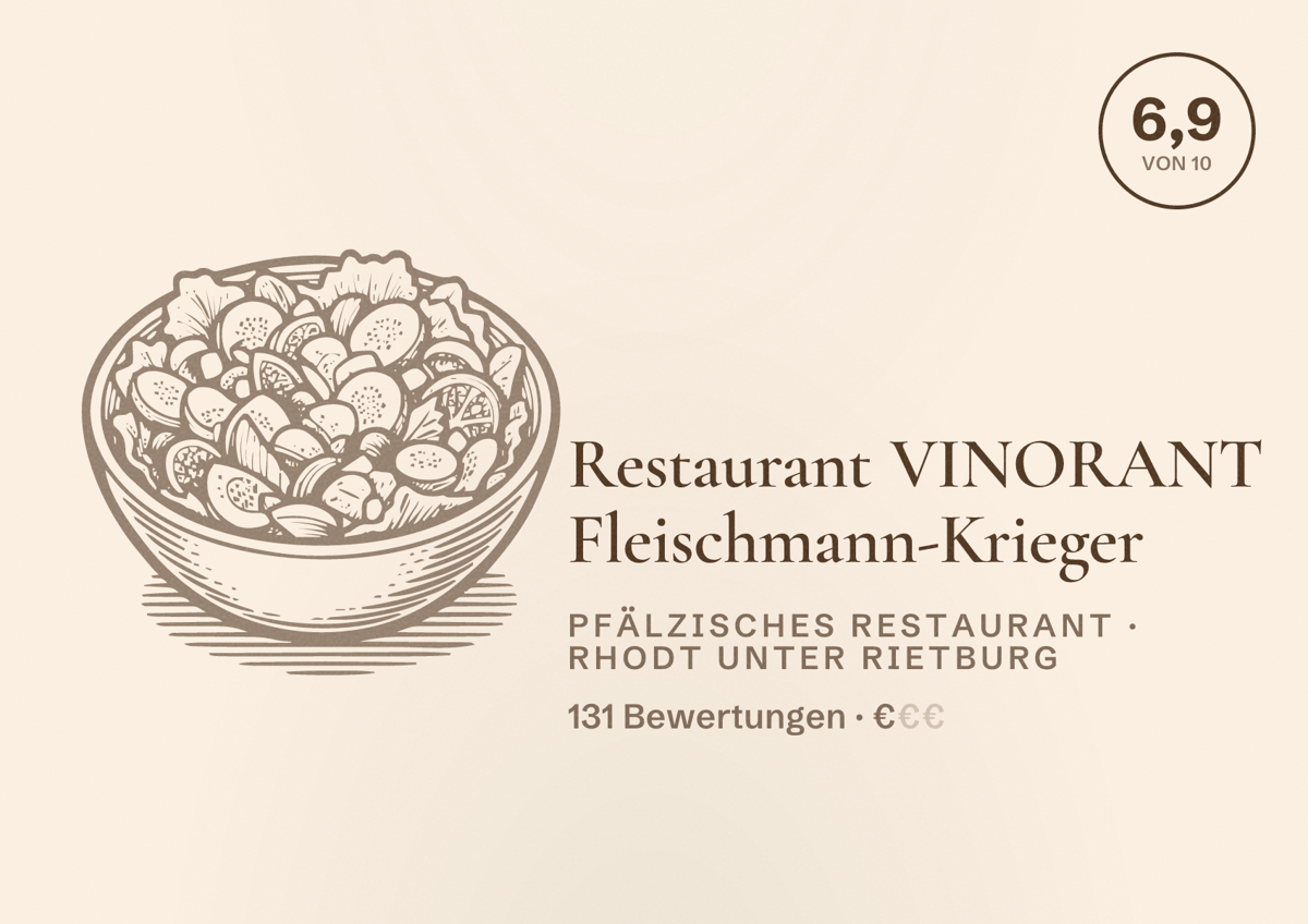 Illustriertes Poster von Restaurant VINORANT Fleischmann-Krieger, Pfälzisches Restaurant in Rhodt unter Rietburg: Bewertung 6,9 von 10 aus 131 Bewertungen, Preisniveau €