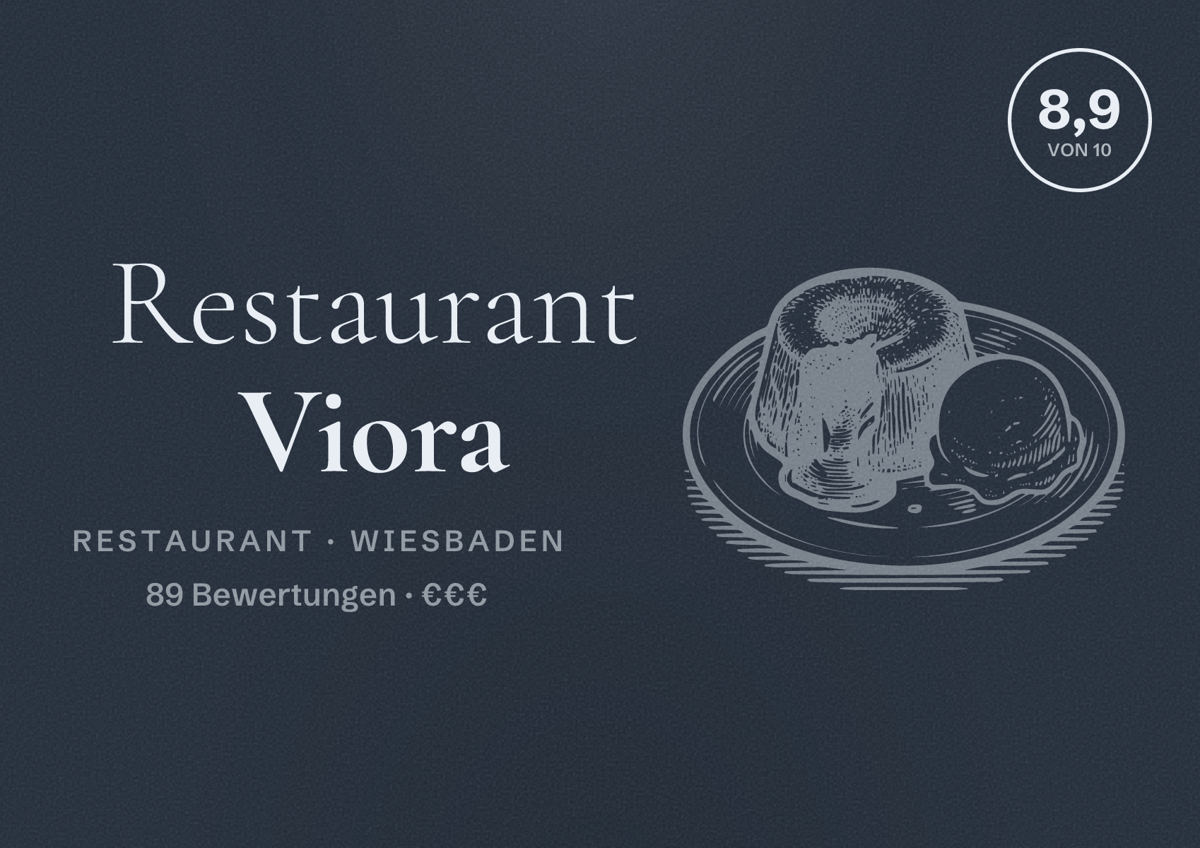 Illustriertes Poster von Restaurant Viora, Restaurant in Wiesbaden: Bewertung 8,9 von 10 aus 89 Bewertungen, Preisniveau €€€