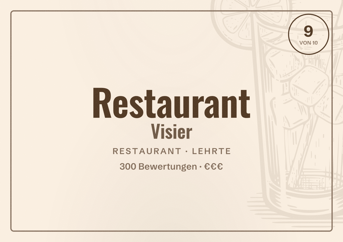 Illustriertes Poster von Restaurant Visier, Restaurant in Lehrte: Bewertung 9 von 10 aus 300 Bewertungen, Preisniveau €€€