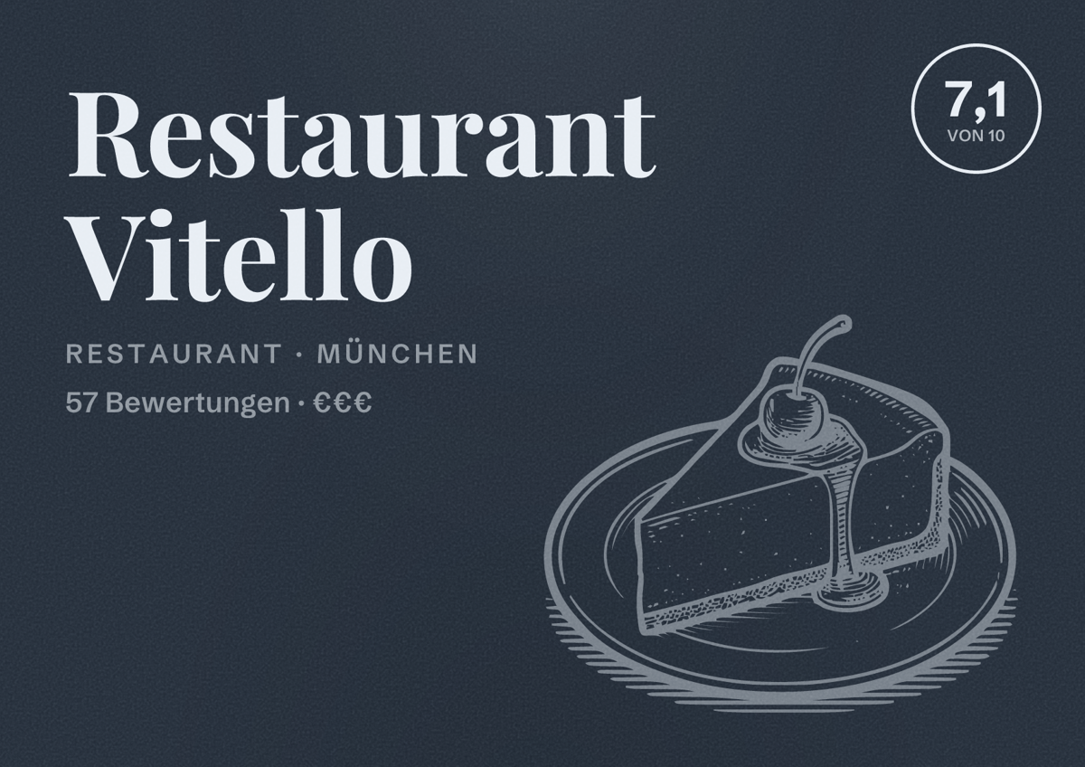 Illustriertes Poster von Restaurant Vitello, Restaurant in München: Bewertung 7,1 von 10 aus 57 Bewertungen, Preisniveau €€€