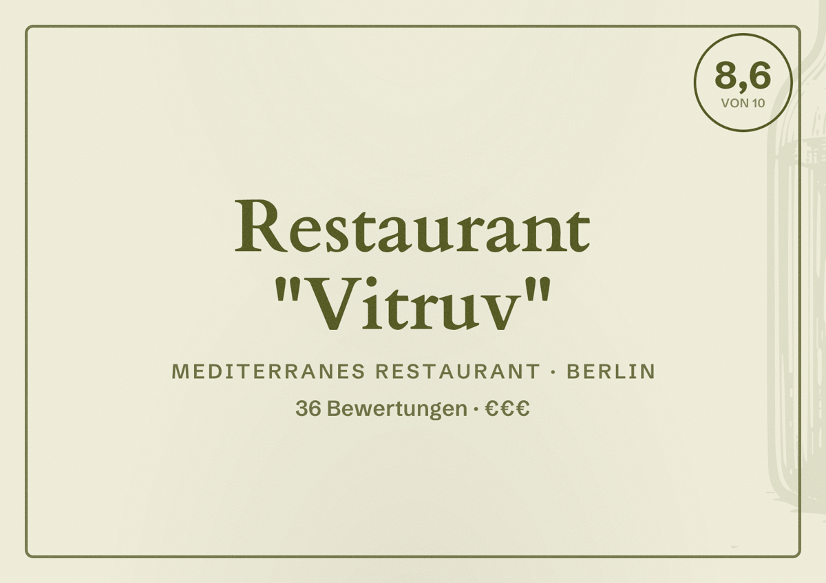 Illustriertes Poster von Restaurant "Vitruv", Mediterranes Restaurant in Berlin: Bewertung 8,6 von 10 aus 36 Bewertungen, Preisniveau €€€