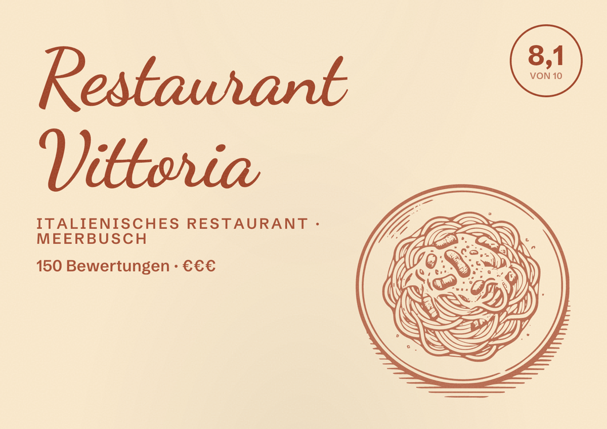 Illustriertes Poster von Restaurant Vittoria, Italienisches Restaurant in Meerbusch: Bewertung 8,1 von 10 aus 150 Bewertungen, Preisniveau €€€