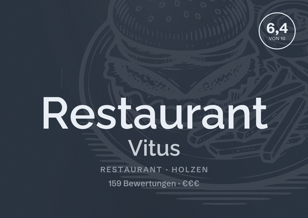 Illustriertes Poster von Restaurant Vitus, Restaurant in Holzen: Bewertung 6,4 von 10 aus 159 Bewertungen, Preisniveau €€€