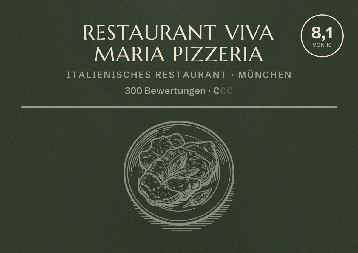 Illustriertes Poster von Restaurant Viva Maria Pizzeria, Italienisches Restaurant in München: Bewertung 8,1 von 10 aus 300 Bewertungen, Preisniveau €