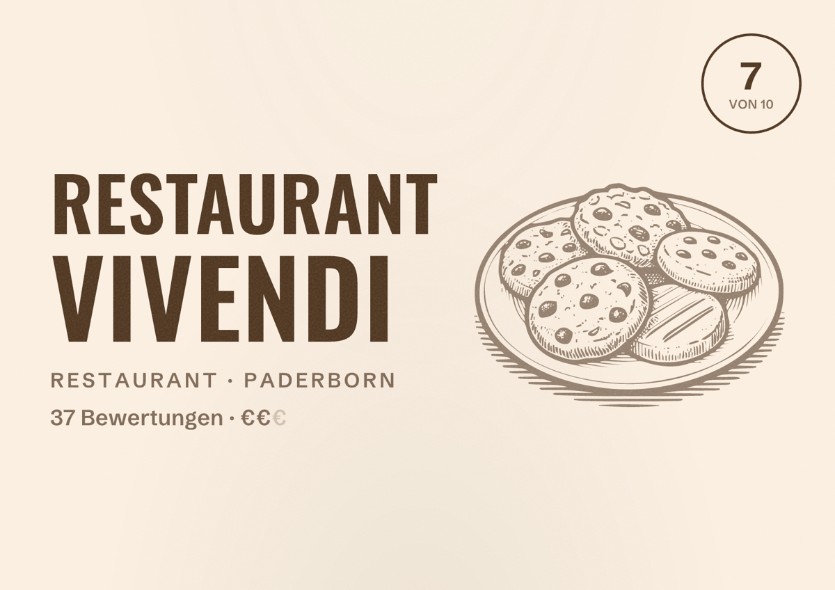 Illustriertes Poster von Restaurant Vivendi, Restaurant in Paderborn: Bewertung 7 von 10 aus 37 Bewertungen, Preisniveau €€