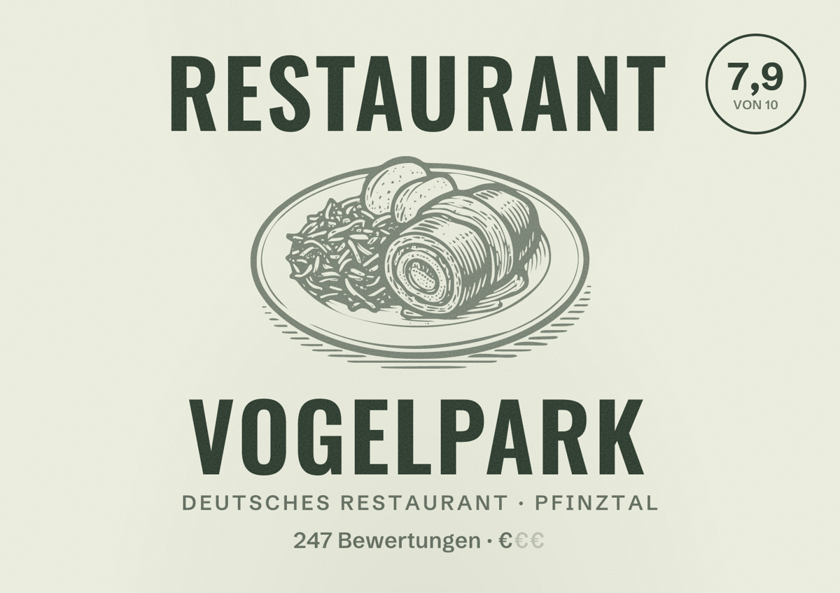 Illustriertes Poster von Restaurant Vogelpark, Deutsches Restaurant in Pfinztal: Bewertung 7,9 von 10 aus 247 Bewertungen, Preisniveau €