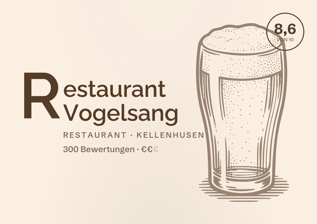 Illustriertes Poster von Restaurant Vogelsang, Restaurant in Kellenhusen: Bewertung 8,6 von 10 aus 300 Bewertungen, Preisniveau €€