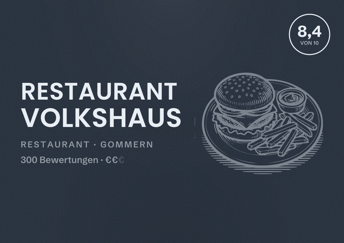 Illustriertes Poster von Restaurant Volkshaus, Restaurant in Gommern: Bewertung 8,4 von 10 aus 300 Bewertungen, Preisniveau €€