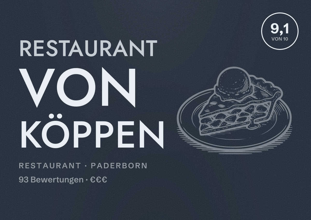 Illustriertes Poster von Restaurant Von Köppen, Restaurant in Paderborn: Bewertung 9,1 von 10 aus 93 Bewertungen, Preisniveau €€€