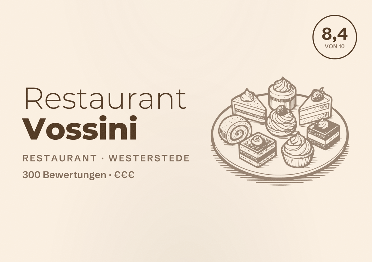 Illustriertes Poster von Restaurant Vossini, Restaurant in Westerstede: Bewertung 8,4 von 10 aus 300 Bewertungen, Preisniveau €€€