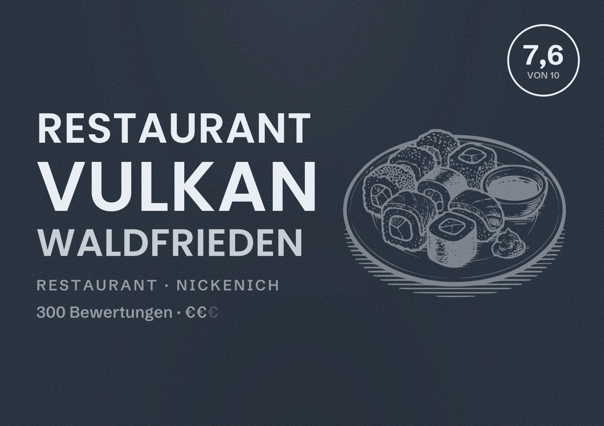 Illustriertes Poster von Restaurant Vulkan Waldfrieden, Restaurant in Nickenich: Bewertung 7,6 von 10 aus 300 Bewertungen, Preisniveau €€