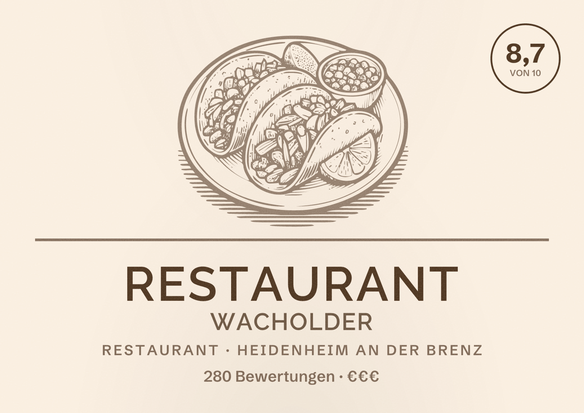 Illustriertes Poster von Restaurant Wacholder, Restaurant in Heidenheim an der Brenz: Bewertung 8,7 von 10 aus 280 Bewertungen, Preisniveau €€€