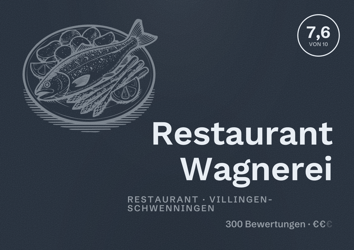 Illustriertes Poster von Restaurant Wagnerei, Restaurant in Villingen-Schwenningen: Bewertung 7,6 von 10 aus 300 Bewertungen, Preisniveau €€
