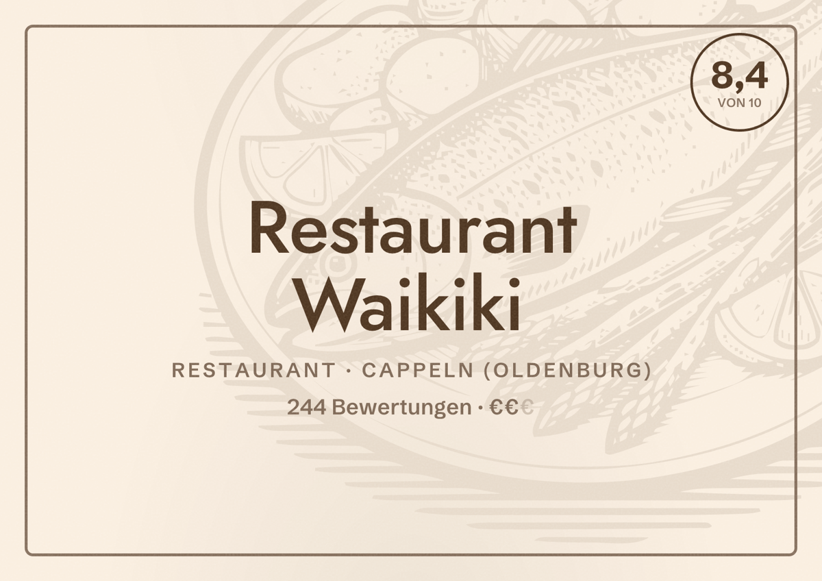 Illustriertes Poster von Restaurant Waikiki, Restaurant in Cappeln (Oldenburg): Bewertung 8,4 von 10 aus 244 Bewertungen, Preisniveau €€