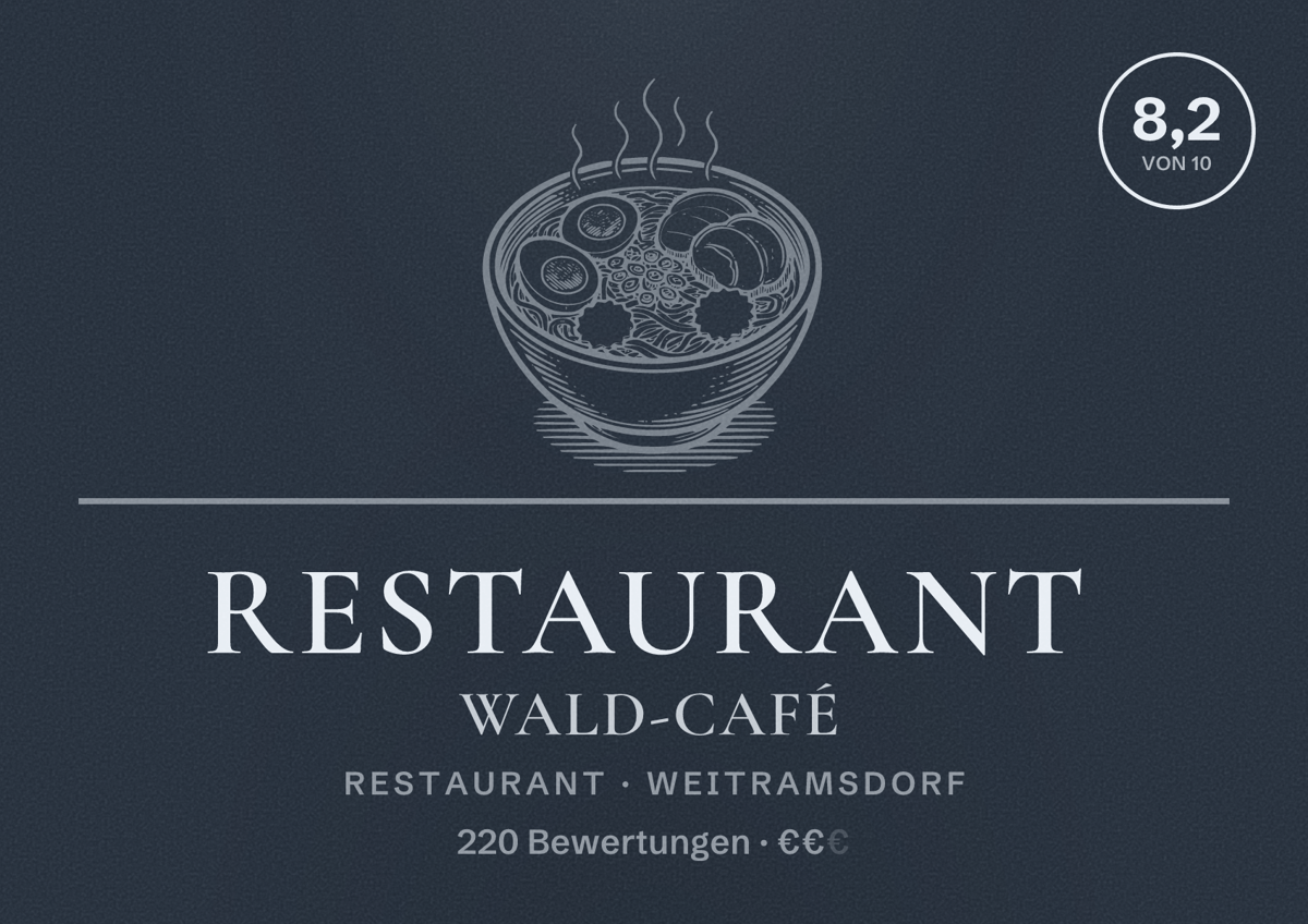Illustriertes Poster von Restaurant Wald-Café, Restaurant in Weitramsdorf: Bewertung 8,2 von 10 aus 220 Bewertungen, Preisniveau €€