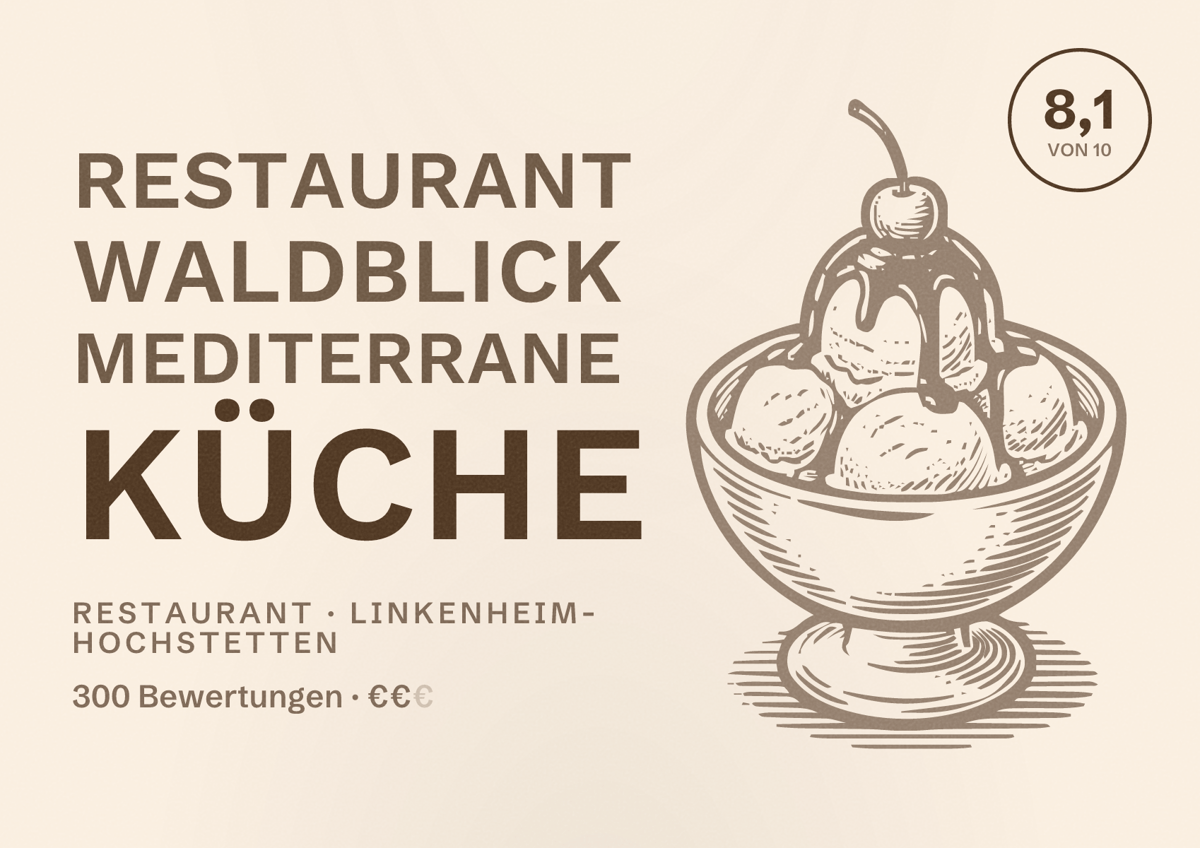 Illustriertes Poster von Restaurant Waldblick Mediterrane Küche, Restaurant in Linkenheim-Hochstetten: Bewertung 8,1 von 10 aus 300 Bewertungen, Preisniveau €€