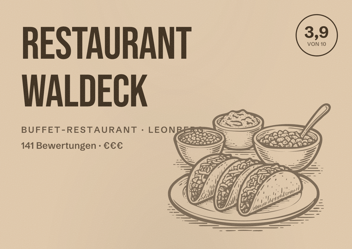 Illustriertes Poster von Restaurant WALDECK, Buffet-Restaurant in Leonberg: Bewertung 3,9 von 10 aus 141 Bewertungen, Preisniveau €€€