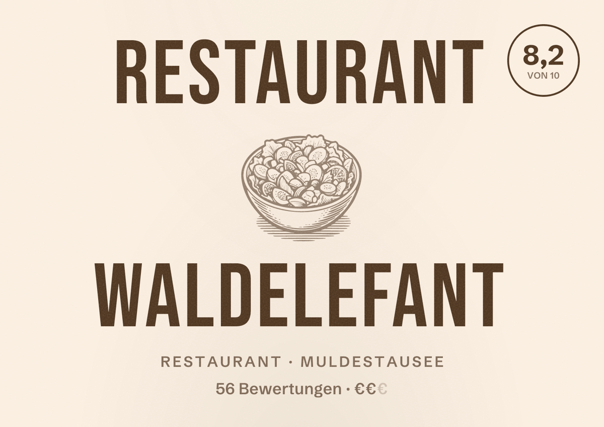 Illustriertes Poster von Restaurant Waldelefant, Restaurant in Muldestausee: Bewertung 8,2 von 10 aus 56 Bewertungen, Preisniveau €€