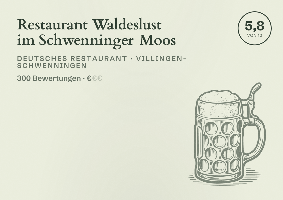 Illustriertes Poster von Restaurant Waldeslust im Schwenninger Moos, Deutsches Restaurant in Villingen-Schwenningen: Bewertung 5,8 von 10 aus 300 Bewertungen, Preisniveau €