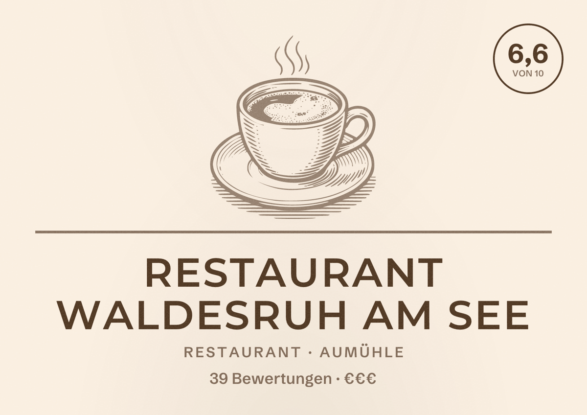 Illustriertes Poster von Restaurant WaldesRuh am See, Restaurant in Aumühle: Bewertung 6,6 von 10 aus 39 Bewertungen, Preisniveau €€€