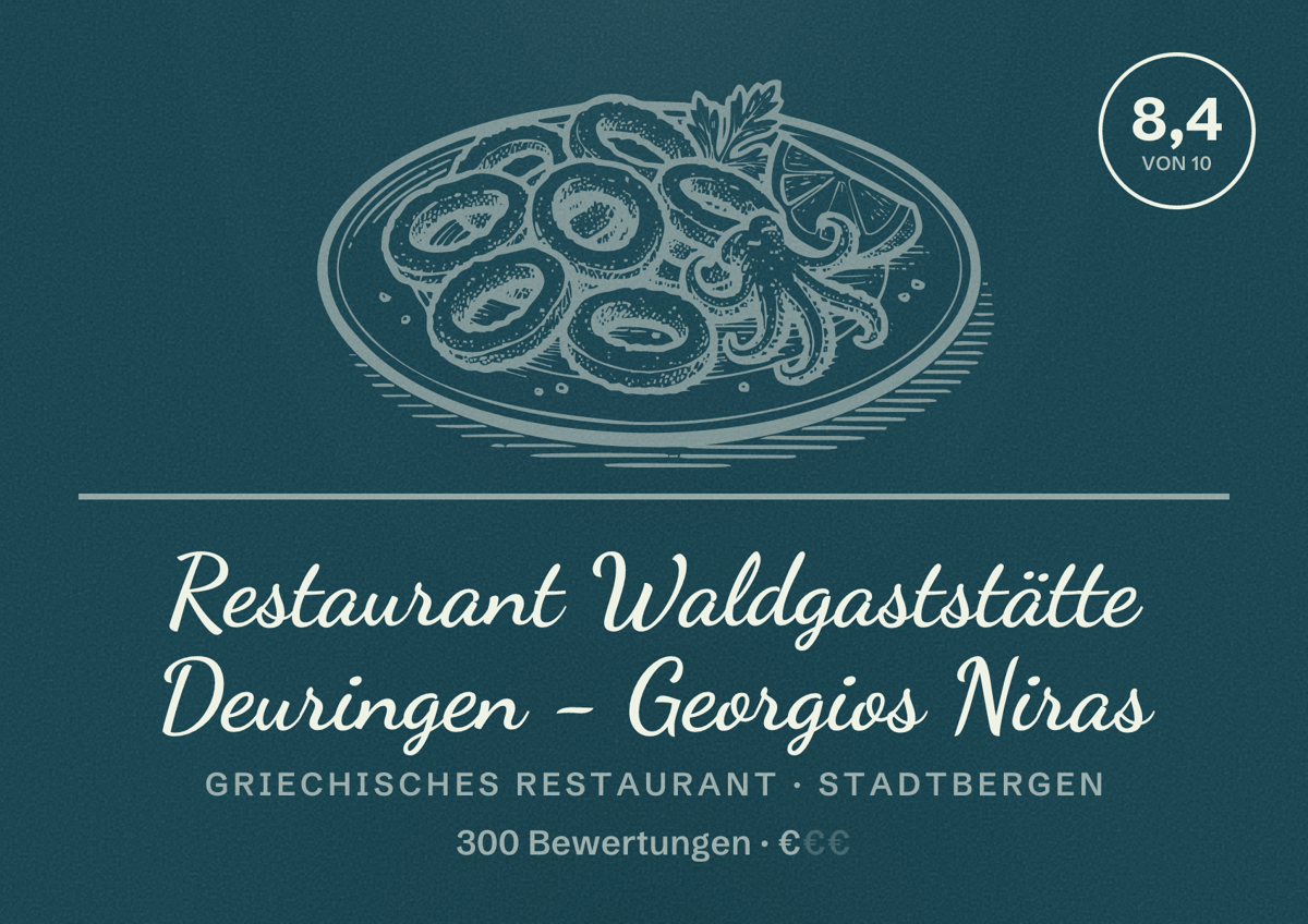 Illustriertes Poster von Restaurant Waldgaststätte Deuringen - Georgios Niras, Griechisches Restaurant in Stadtbergen: Bewertung 8,4 von 10 aus 300 Bewertungen, Preisniveau €