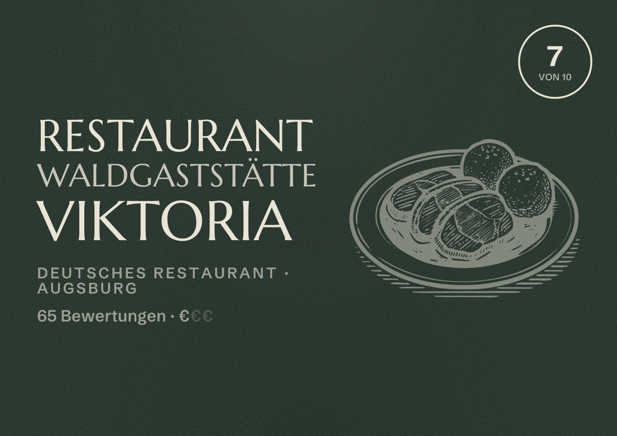 Illustriertes Poster von Restaurant Waldgaststätte Viktoria, Deutsches Restaurant in Augsburg: Bewertung 7 von 10 aus 65 Bewertungen, Preisniveau €