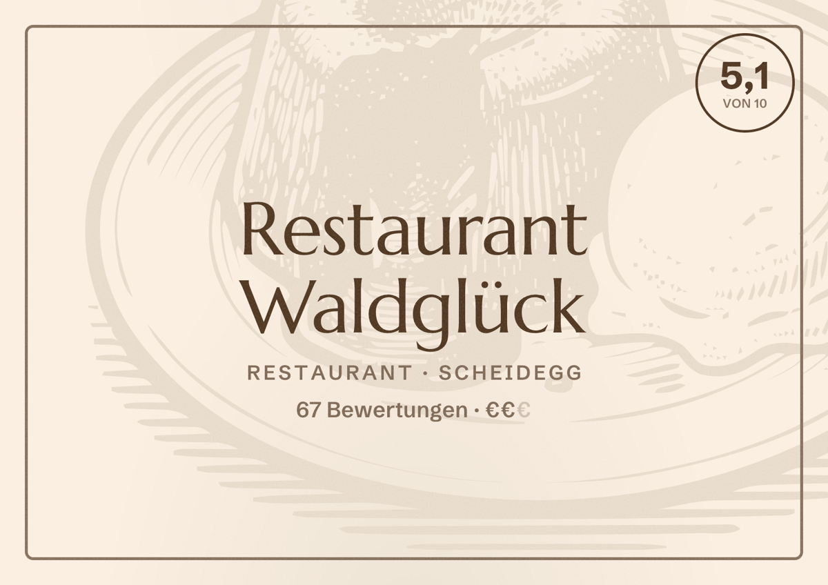 Illustriertes Poster von Restaurant Waldglück, Restaurant in Scheidegg: Bewertung 5,1 von 10 aus 67 Bewertungen, Preisniveau €€