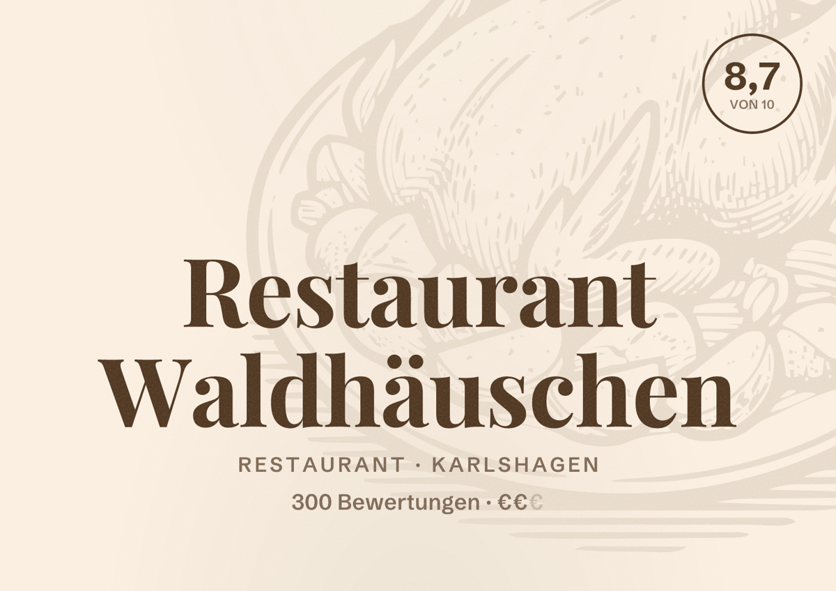 Illustriertes Poster von Restaurant Waldhäuschen, Restaurant in Karlshagen: Bewertung 8,7 von 10 aus 300 Bewertungen, Preisniveau €€