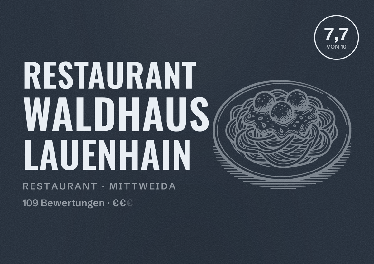 Illustriertes Poster von Restaurant Waldhaus Lauenhain, Restaurant in Mittweida: Bewertung 7,7 von 10 aus 109 Bewertungen, Preisniveau €€