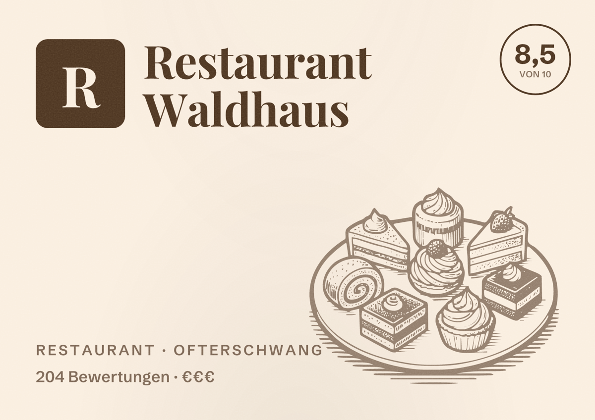 Illustriertes Poster von Restaurant Waldhaus, Restaurant in Ofterschwang: Bewertung 8,5 von 10 aus 204 Bewertungen, Preisniveau €€€