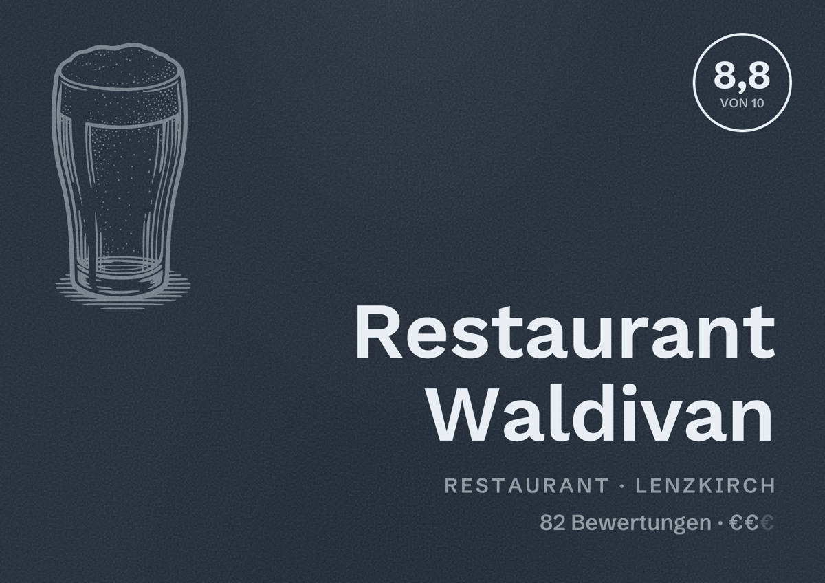 Illustriertes Poster von Restaurant Waldivan, Restaurant in Lenzkirch: Bewertung 8,8 von 10 aus 82 Bewertungen, Preisniveau €€