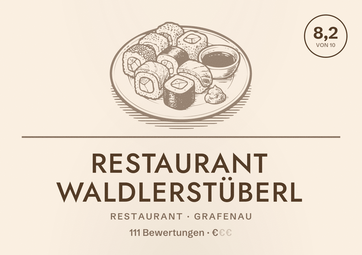 Illustriertes Poster von Restaurant Waldlerstüberl, Restaurant in Grafenau: Bewertung 8,2 von 10 aus 111 Bewertungen, Preisniveau €