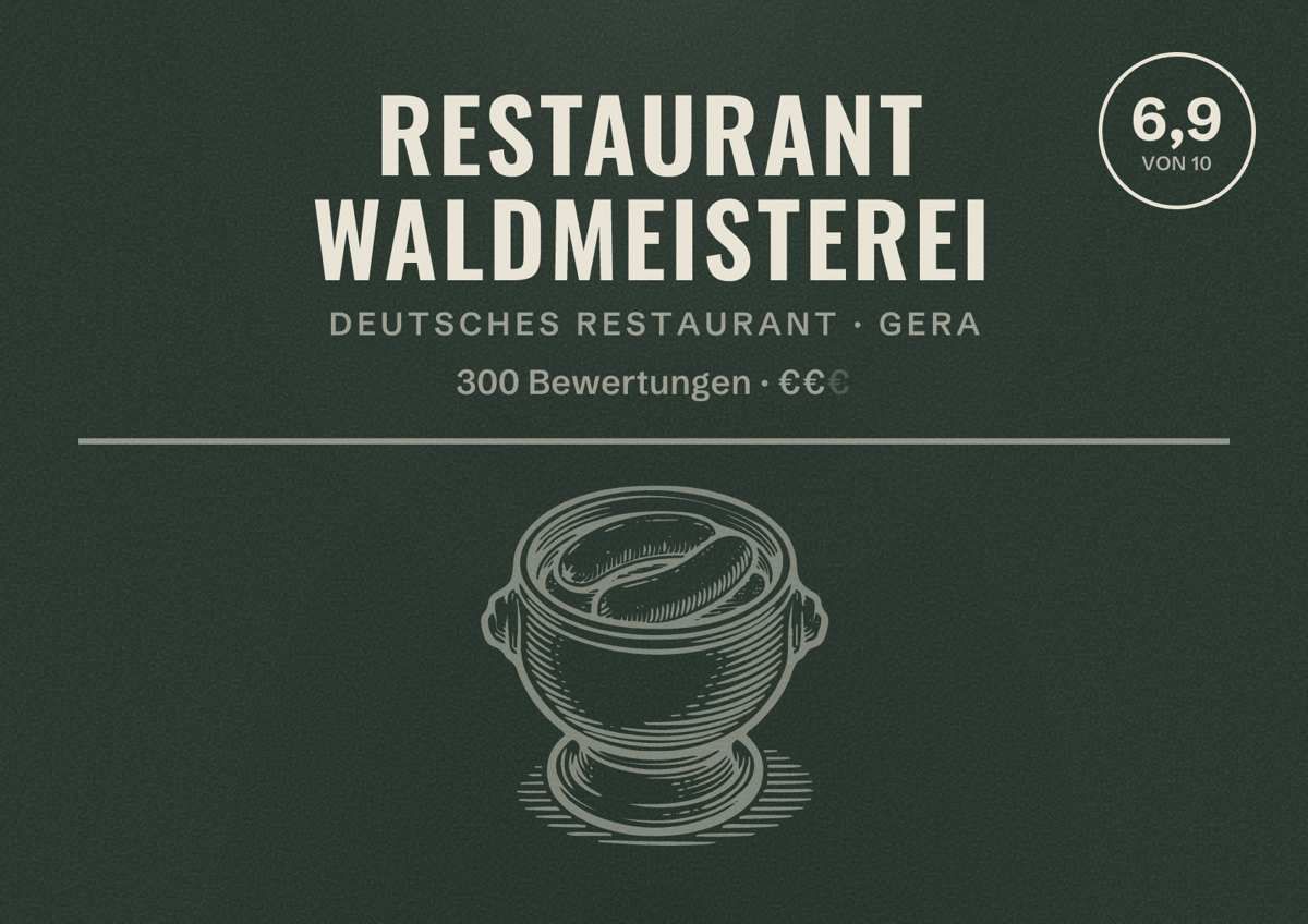 Illustriertes Poster von Restaurant Waldmeisterei, Deutsches Restaurant in Gera: Bewertung 6,9 von 10 aus 300 Bewertungen, Preisniveau €€