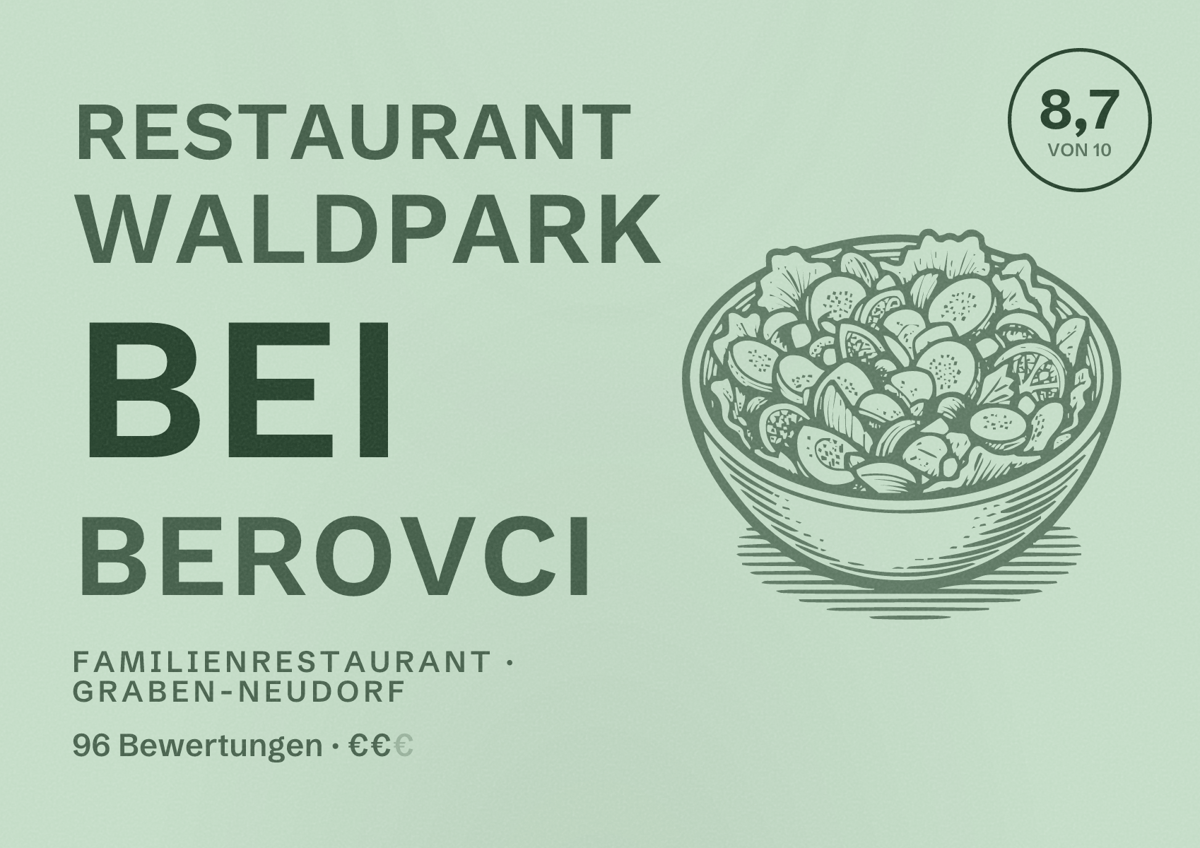 Illustriertes Poster von Restaurant Waldpark bei Berovci, Familienrestaurant in Graben-Neudorf: Bewertung 8,7 von 10 aus 96 Bewertungen, Preisniveau €€