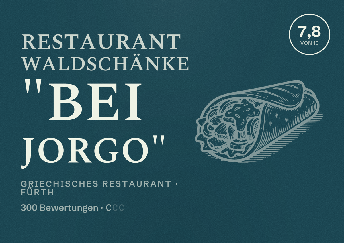 Illustriertes Poster von Restaurant Waldschänke "bei Jorgo", Griechisches Restaurant in Fürth: Bewertung 7,8 von 10 aus 300 Bewertungen, Preisniveau €