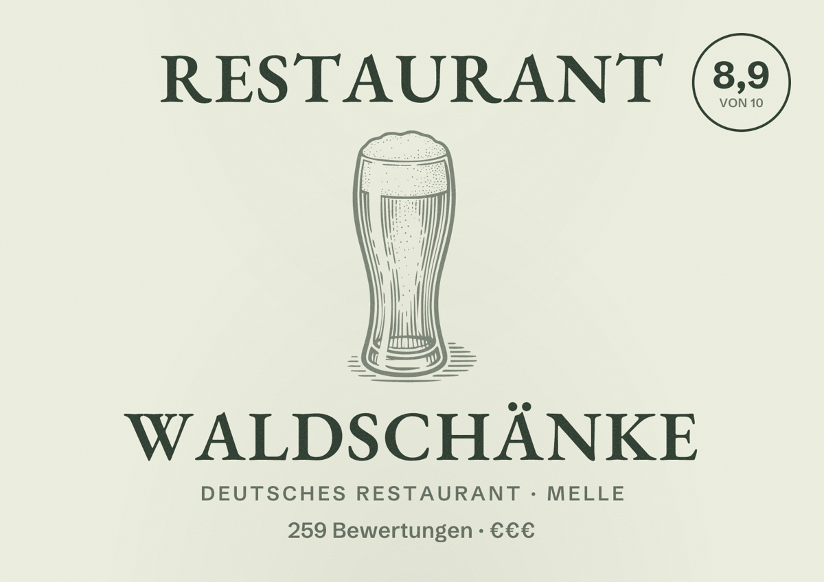 Illustriertes Poster von Restaurant Waldschänke, Deutsches Restaurant in Melle: Bewertung 8,9 von 10 aus 259 Bewertungen, Preisniveau €€€