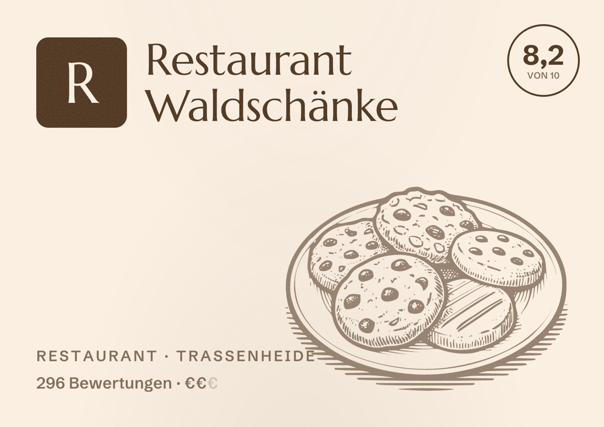 Illustriertes Poster von Restaurant Waldschänke, Restaurant in Trassenheide: Bewertung 8,2 von 10 aus 296 Bewertungen, Preisniveau €€