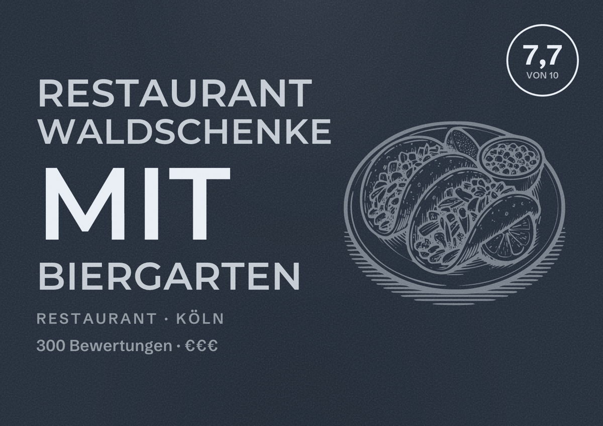 Illustriertes Poster von Restaurant Waldschenke mit Biergarten, Restaurant in Köln: Bewertung 7,7 von 10 aus 300 Bewertungen, Preisniveau €€€