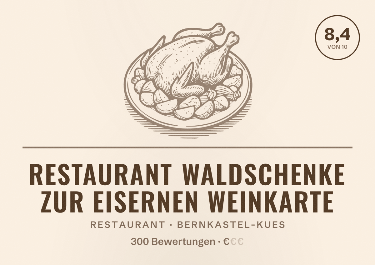 Illustriertes Poster von Restaurant Waldschenke zur eisernen Weinkarte, Restaurant in Bernkastel-Kues: Bewertung 8,4 von 10 aus 300 Bewertungen, Preisniveau €
