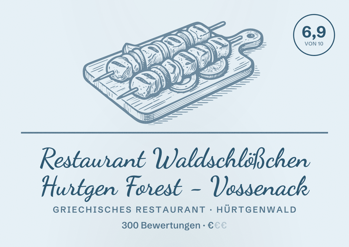 Illustriertes Poster von Restaurant Waldschlößchen Hurtgen Forest - Vossenack, Griechisches Restaurant in Hürtgenwald: Bewertung 6,9 von 10 aus 300 Bewertungen, Preisniveau €