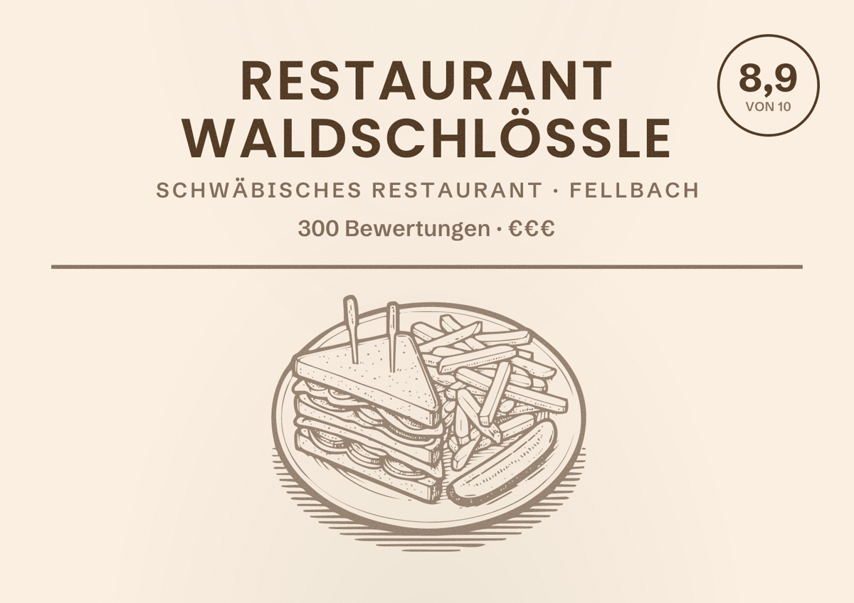 Illustriertes Poster von Restaurant Waldschlössle, Schwäbisches Restaurant in Fellbach: Bewertung 8,9 von 10 aus 300 Bewertungen, Preisniveau €€€