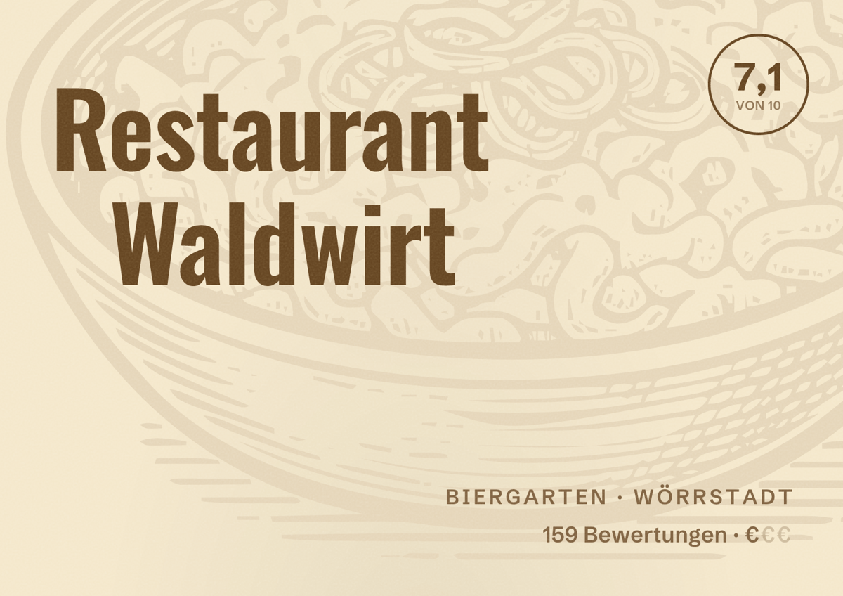Illustriertes Poster von Restaurant Waldwirt, Biergarten in Wörrstadt: Bewertung 7,1 von 10 aus 159 Bewertungen, Preisniveau €