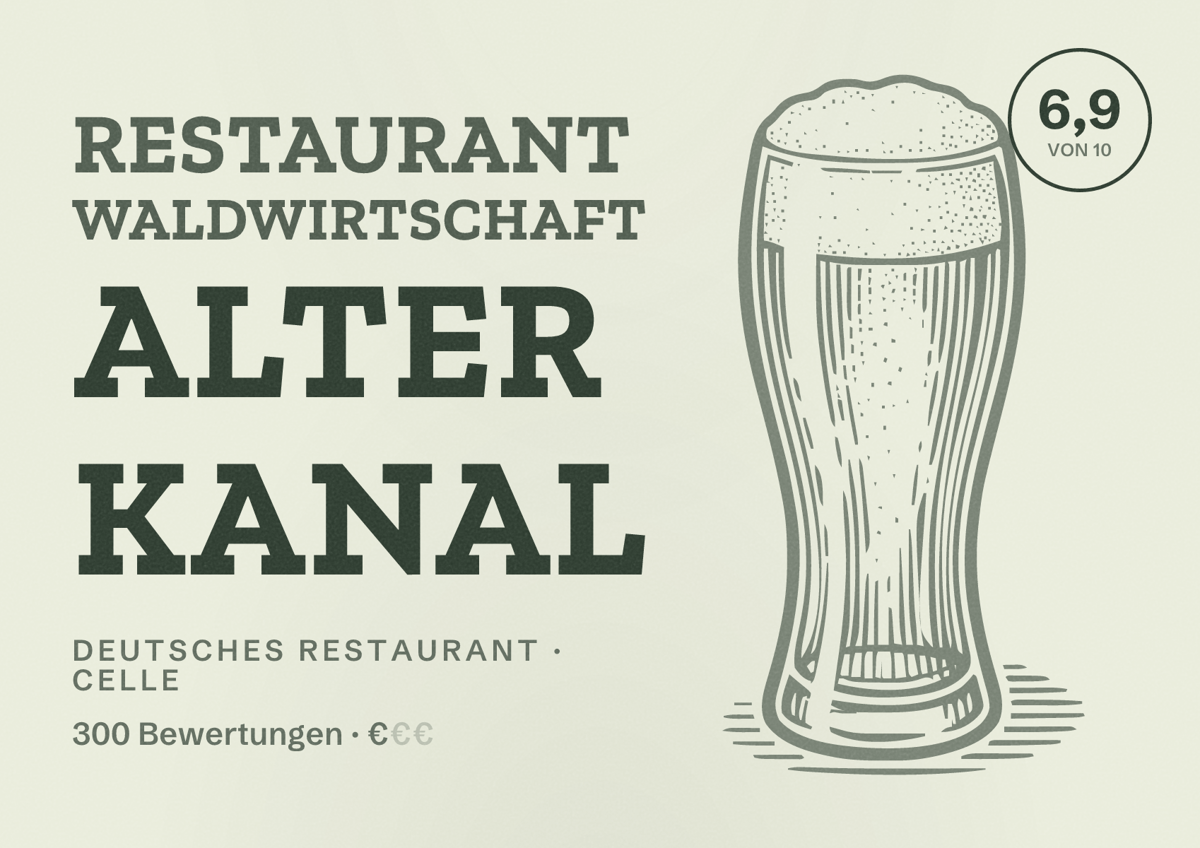 Illustriertes Poster von Restaurant Waldwirtschaft Alter Kanal, Deutsches Restaurant in Celle: Bewertung 6,9 von 10 aus 300 Bewertungen, Preisniveau €