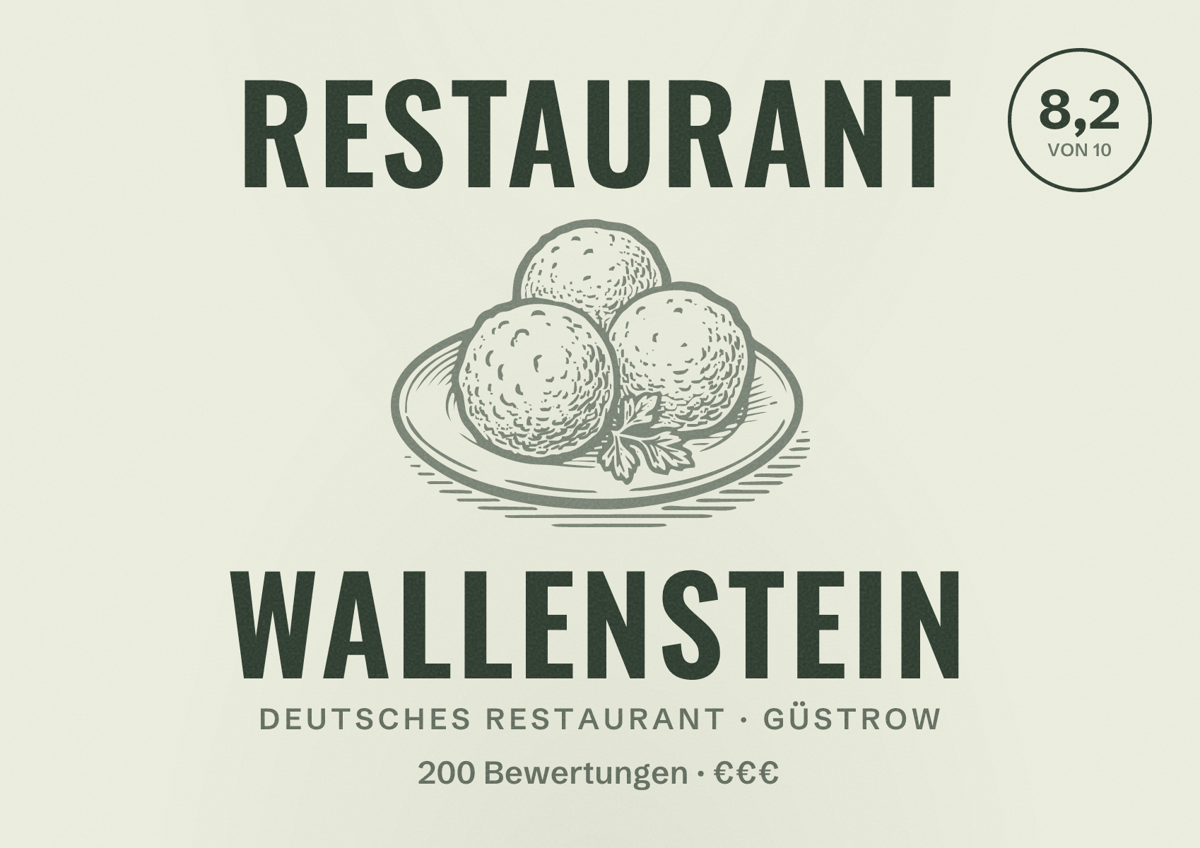 Illustriertes Poster von Restaurant Wallenstein, Deutsches Restaurant in Güstrow: Bewertung 8,2 von 10 aus 200 Bewertungen, Preisniveau €€€