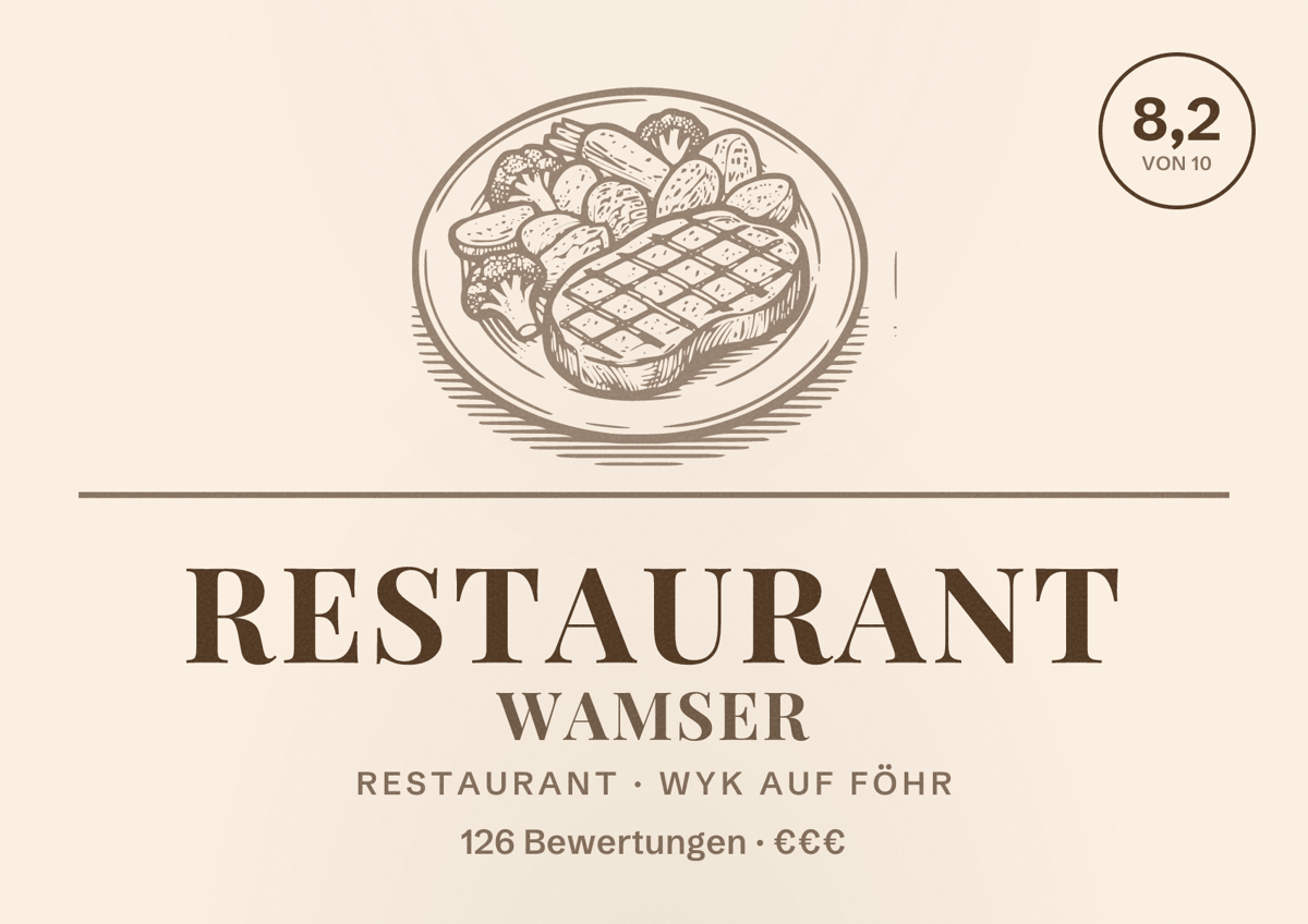 Illustriertes Poster von Restaurant Wamser, Restaurant in Wyk auf Föhr: Bewertung 8,2 von 10 aus 126 Bewertungen, Preisniveau €€€